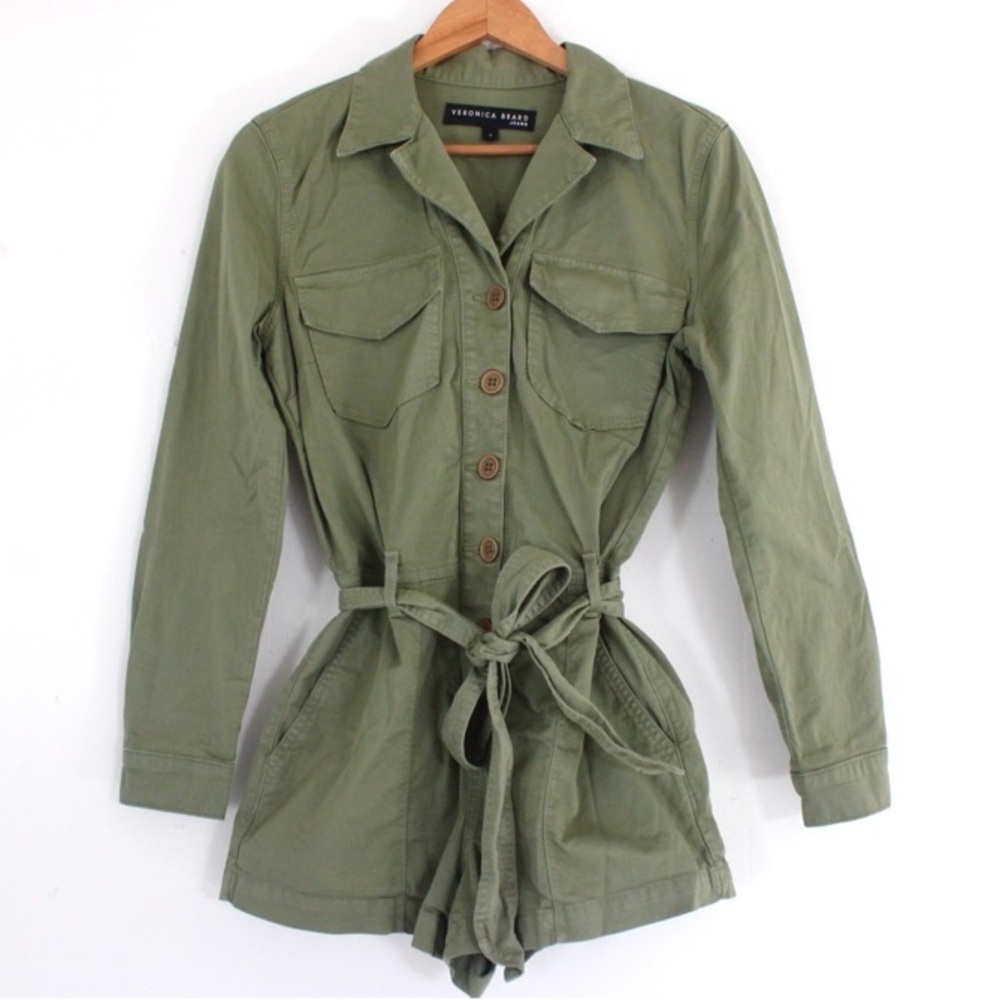 Veronica Beard Winifred Belted Stretch Cotton Romper in Clover
